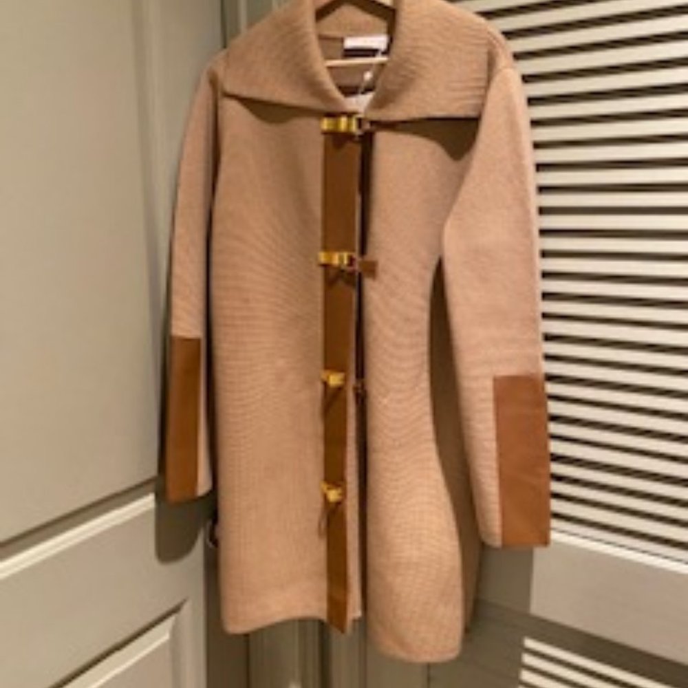 TORY BURCH CAMEL SWEATER WITH LEATHER TRIM